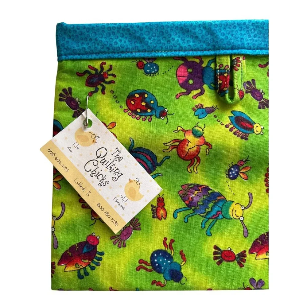 Handmade Whimsical Bug Print Cosmetic Bag Blue Accent Trim Vibrant Colorful